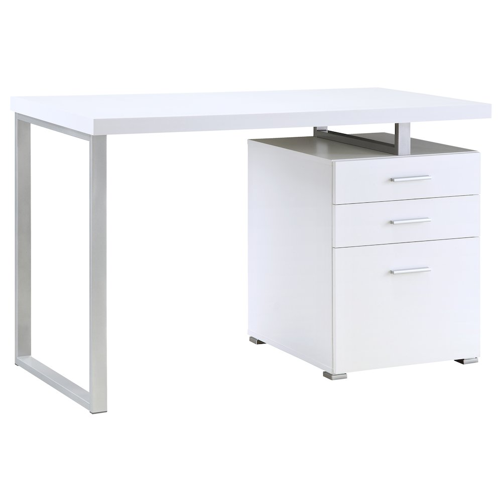White Brennan 47-inch office computer desk with three drawers, made by Start2Finish, shown from a front angle with a smooth surface