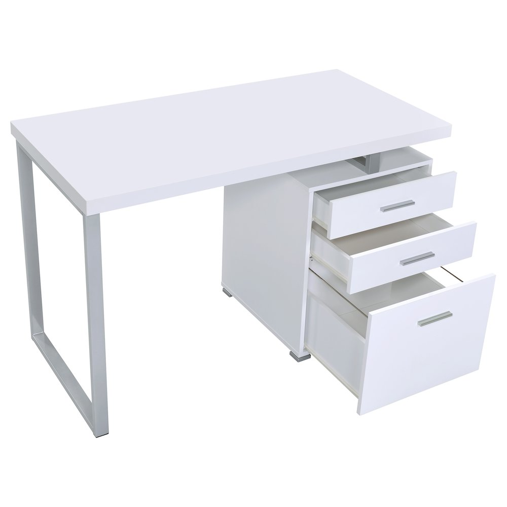 Start2Finish Brennan 47-inch white office computer desk with three drawers, modern design for workspace organization.