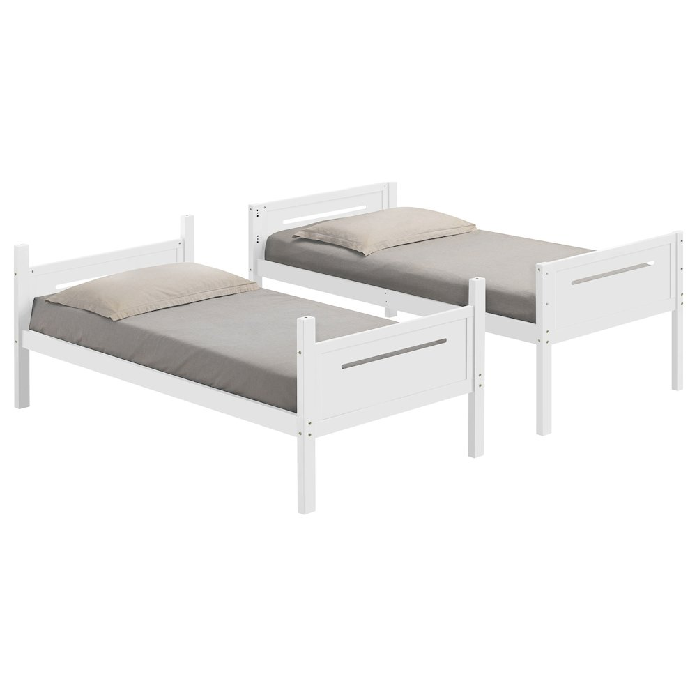 White Littleton Wood Twin Over Twin Bunk Bed by Start2Finish, showcasing sturdy wooden frame and ladder in a bedroom setting.