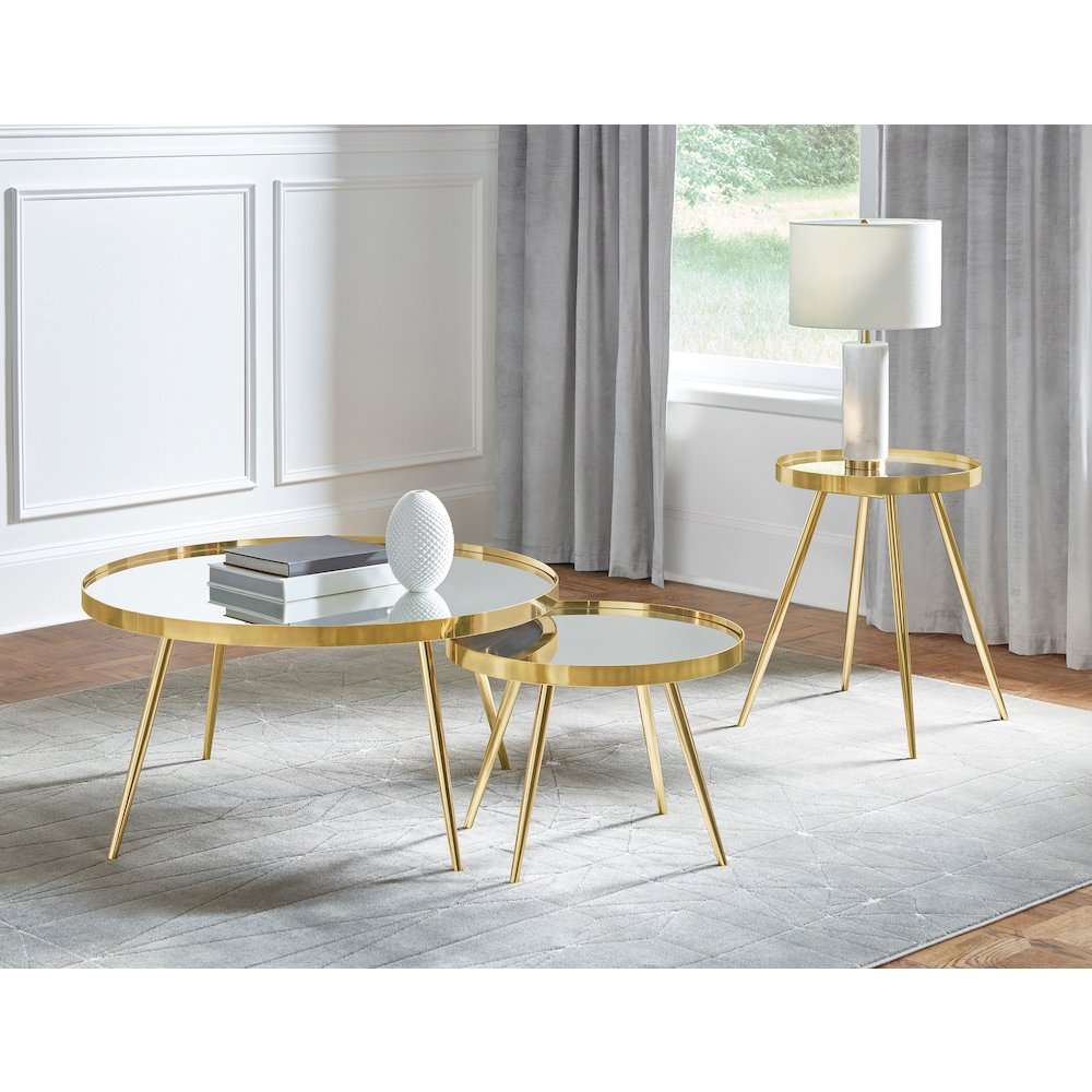 Start2Finish Kaelyn round end table with gold finish and mirrored top, modern furniture piece for living room or bedroom.