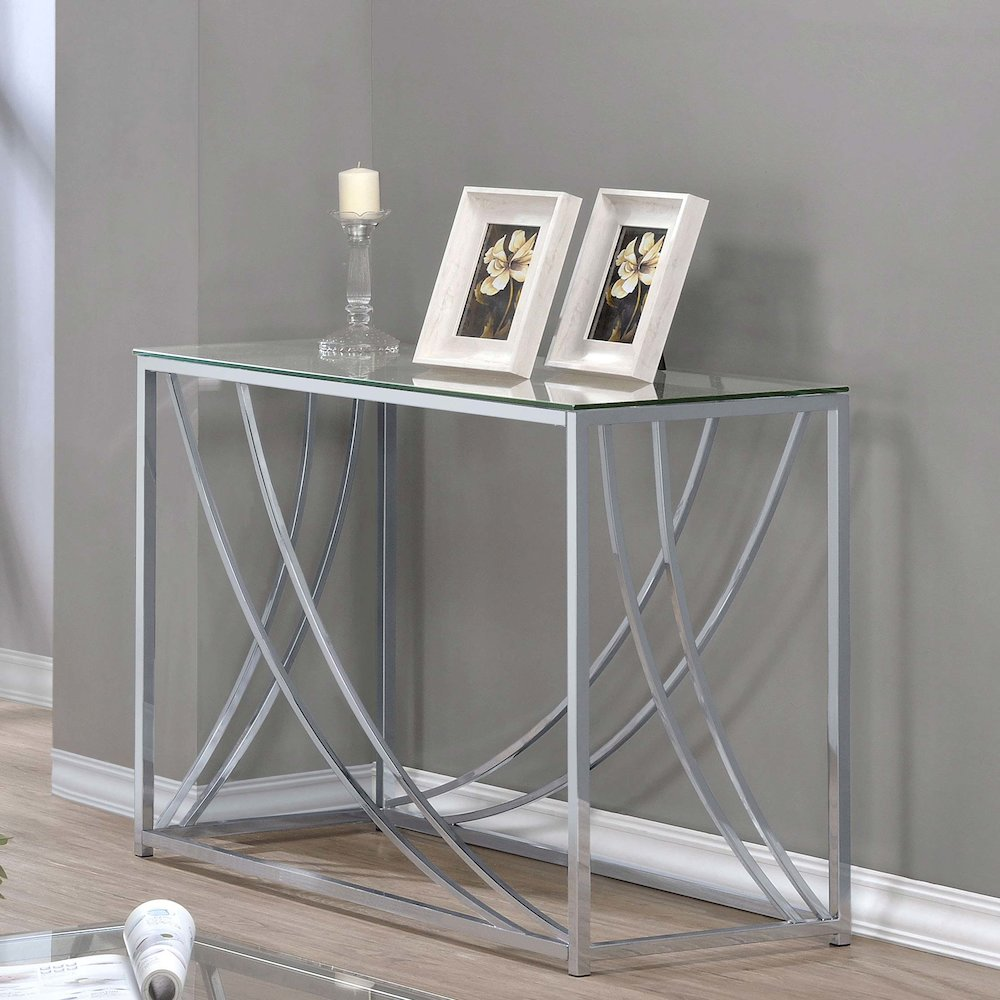 Lille glass top entryway sofa console table with chrome accents, sleek design, and modern style by Start2Finish.