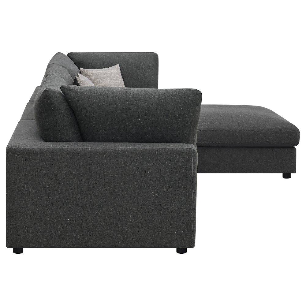 Charcoal upholstered Serene 4-piece modular sectional sofa by Start2Finish, featuring plush cushions and contemporary design.