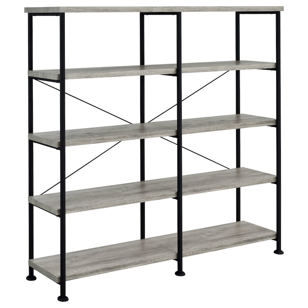 Start2Finish Analiese 63-inch grey driftwood double bookshelf with four shelves, showcasing a modern storage unit with a sleek design.