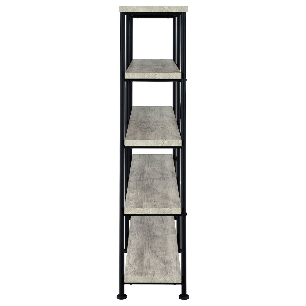 Start2Finish Analiese 63-inch grey driftwood double bookshelf with four shelves, showcasing a modern wooden storage unit.