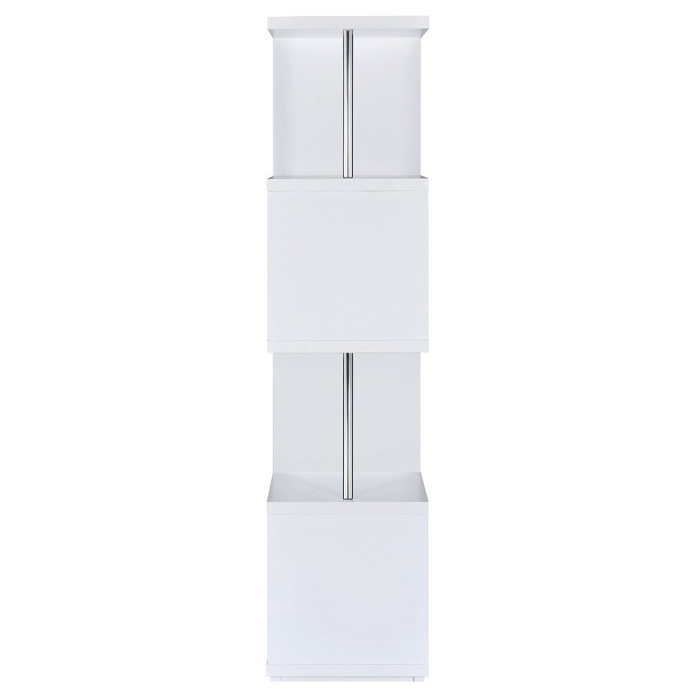 White and chrome Baxter 67-inch 4-shelf bookshelf by Start2Finish, showing a modern furniture piece with spacious shelves