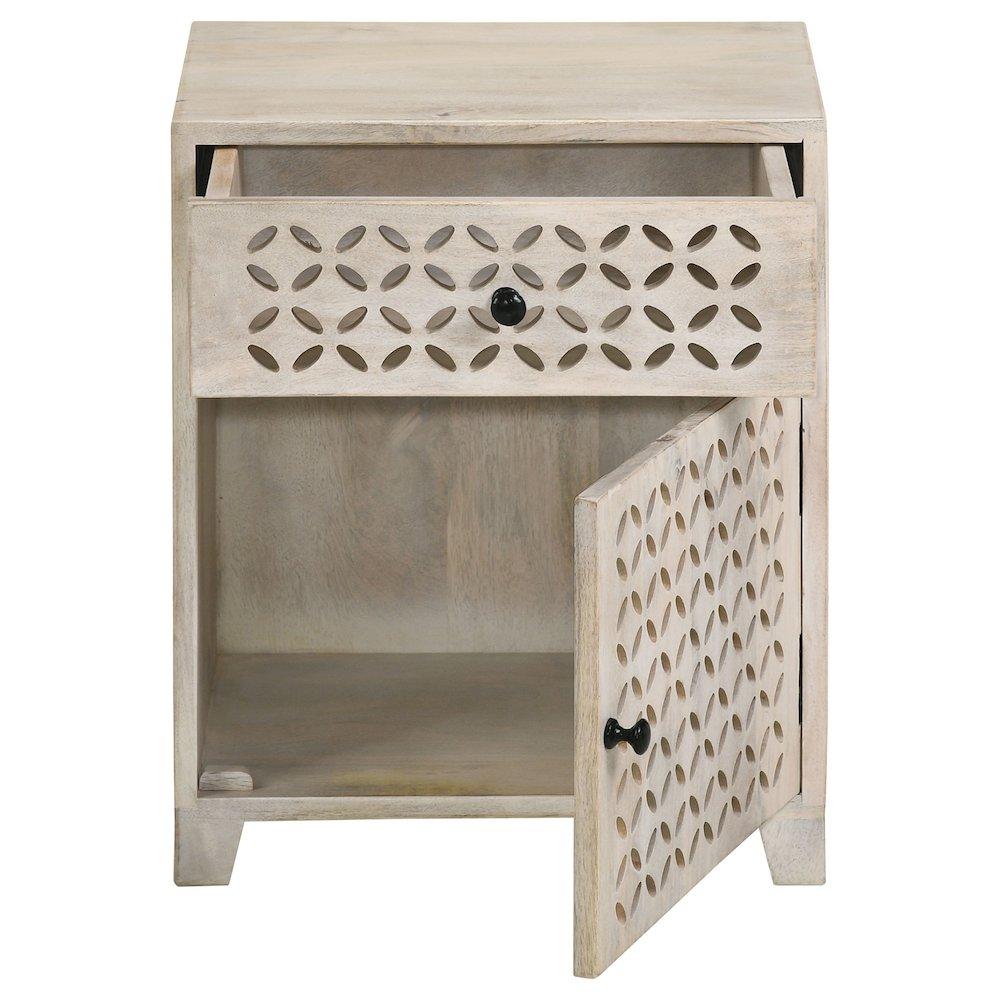 Start2Finish white washed 1-drawer trellis pattern storage cabinet with a classic furniture design.