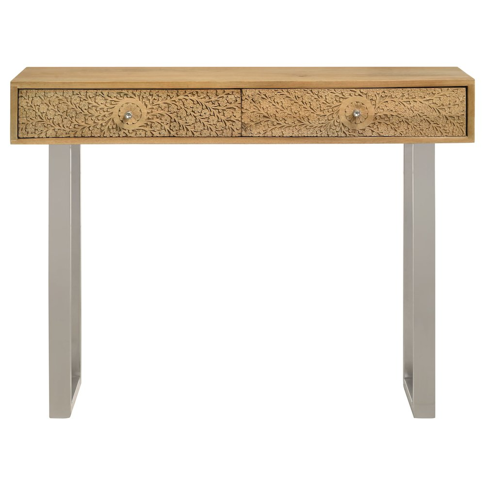 Hand-carved Draco 2-drawer console table in natural finish with intricate details, designed by Start2Finish.