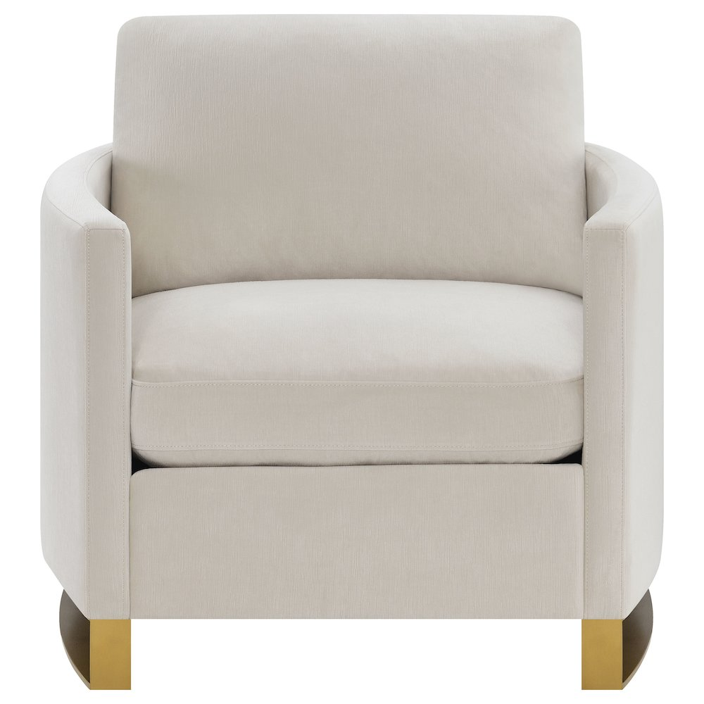 Beige Corliss upholstered arched arm accent chair by Start2Finish, showcasing plush fabric and stylish curved arm design.
