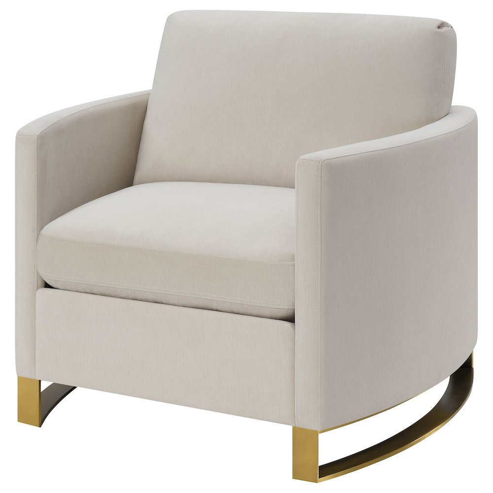 Beige Corliss upholstered arched arm accent chair by Start2Finish, showcasing plush fabric and stylish curved design.