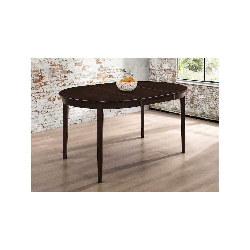 Start2Finish Gabriel Oval 60-inch extension leaf dining table in cappuccino finish, showing the table with extended leaf and smooth surface.