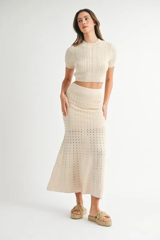 Pear Daisy MABLE Pointelle crop top and slit skirt sweater set, short sleeve top with delicate knit pattern and matching skirt.