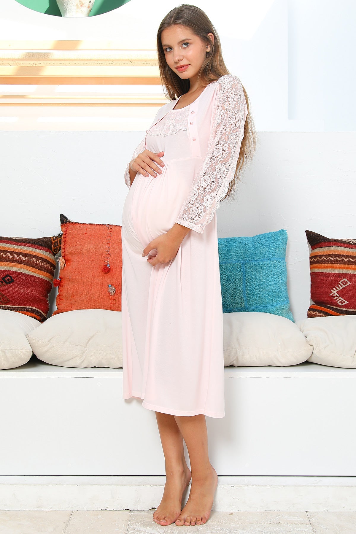Pink Burgundy Artemis Shopymommy 55103 elegance lace sleeved maternity and nursing nightgown, soft and comfortable sleepwear.