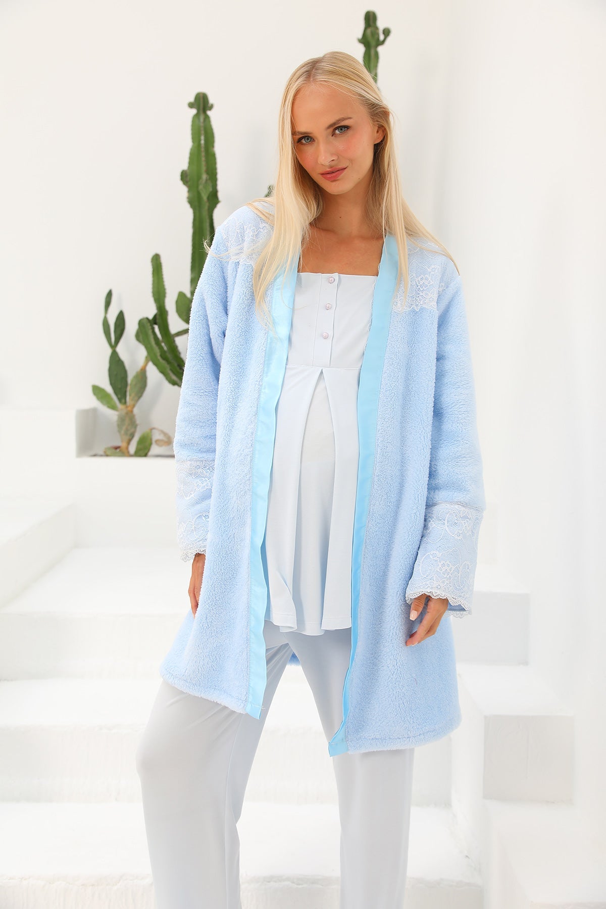 Burgundy Artemis Shopymommy Lotus Lace 3-piece maternity and nursing sleepwear set with lace details, in soft blue fabric.