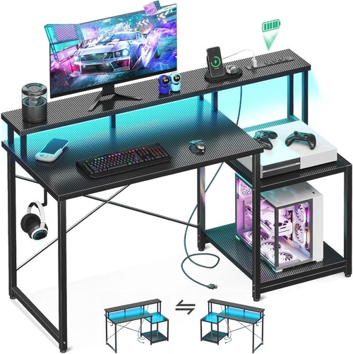 Peach Maple 48-inch LED gaming desk with built-in power outlet, shelves, and modern wood finish for gaming and workstation setup.