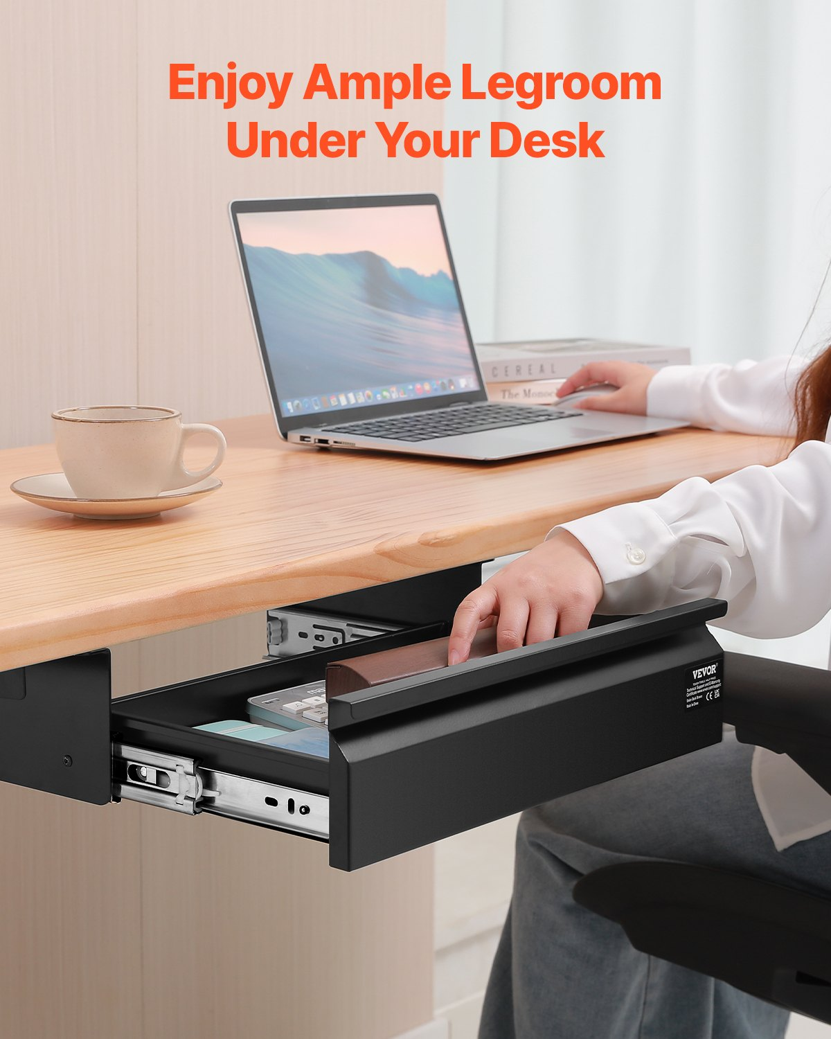 Start2Finish VEVOR 16-inch under desk drawer slide out for hidden desktop storage and organization in office or home workstation.