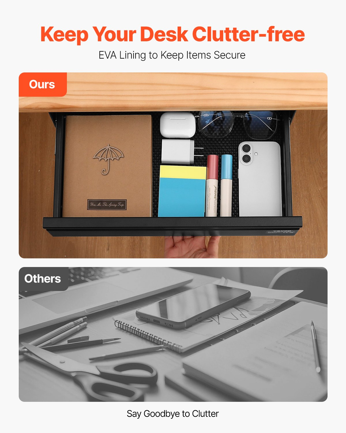 Start2Finish VEVOR 16-inch wide under desk drawer slide out mounted under table storage organizer with pencil tray.