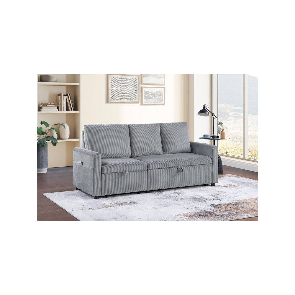 Gray corduroy sofa with pull-out chaise, underseat storage, and side pocket, featuring a 70-inch width and modern design.
