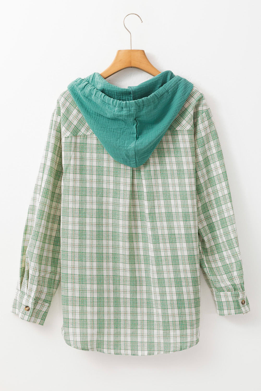 Green checkered print loose fit hooded shacket from Carmine Juneberry, featuring button front and casual oversized style.