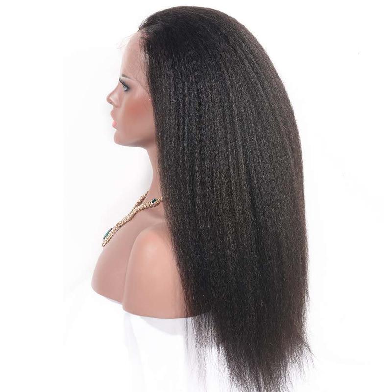 Kinky straight Brazilian human hair lace frontal wig with 13x6 transparent lace from Cerise Alfie, showcasing the hair’s natural texture.