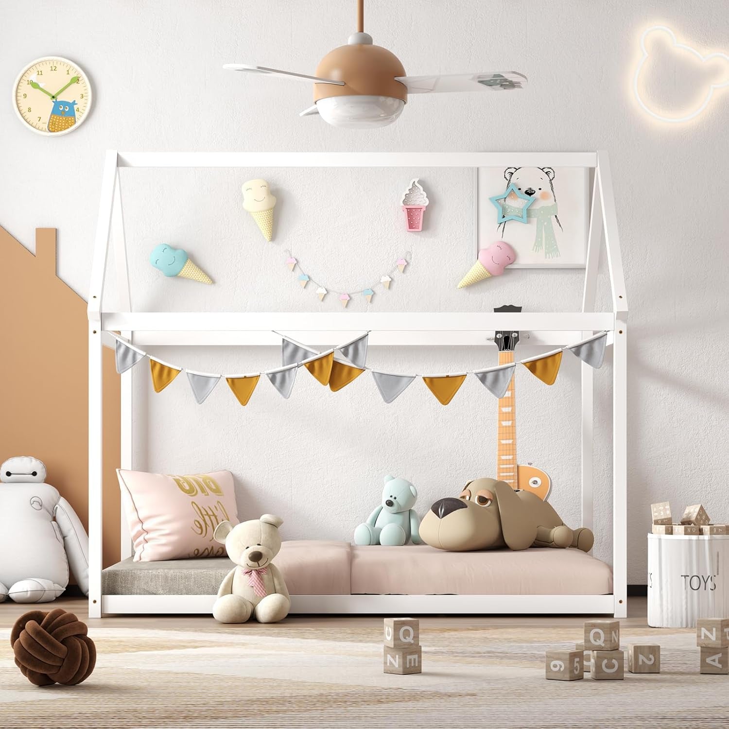 Peach Maple twin house bed frame with roof canopy, Montessori-style kids furniture featuring a cozy, wooden design with playful roof.