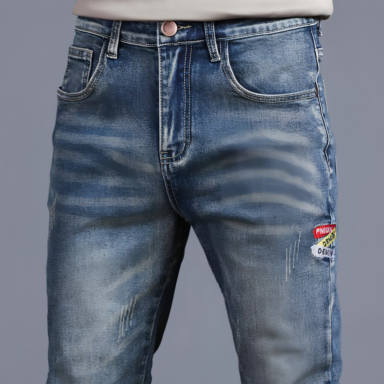 Youth retro embroidered denim pants for men by Carmine Juneberry, featuring classic denim fabric with detailed embroidery.
