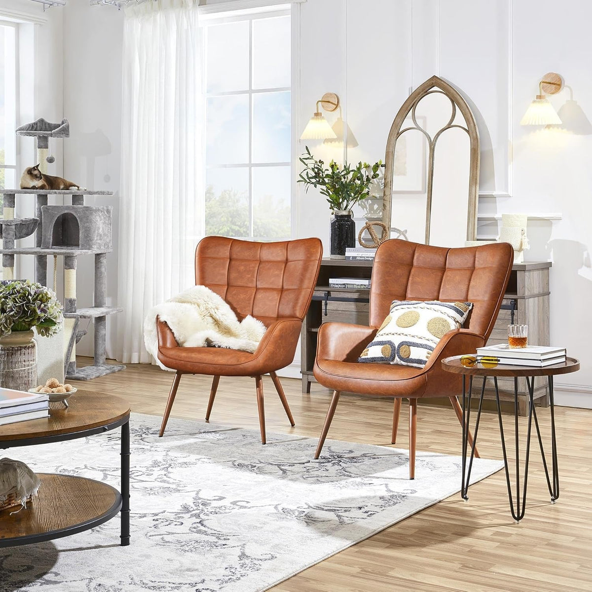 Brown PU Leather Highback Upholstered Accent Chairs