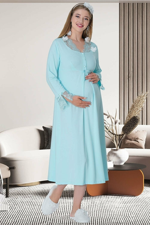 Turquoise Burgundy Artemis Shopymommy 5312 lace sleeved maternity and nursing nightgown, soft and comfortable lingerie for new moms.