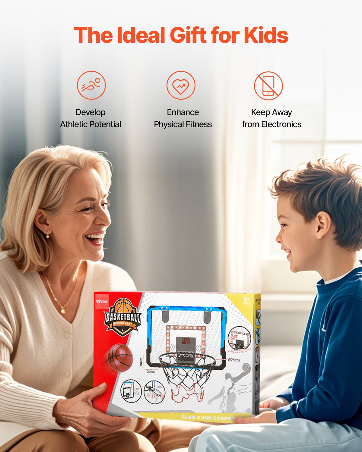 Start2Finish VEVOR Kids Basketball Hoop with electronic scoreboard, LED light, music, and indoor over-the-door design for children 3+.