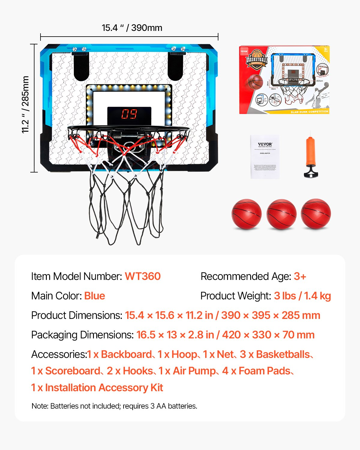 Start2Finish VEVOR Kids Mini Basketball Hoop with electronic scoreboard, LED light, music, and over-the-door mounting for indoor play.