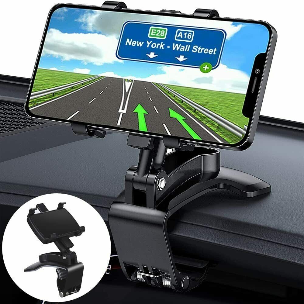 Puce Gaia universal car dashboard mount holder clip with adjustable cradle for cell phones, mounted on a vehicle dashboard.