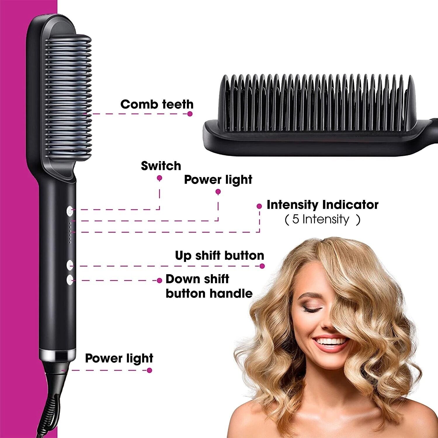 Puce Gaia electric hair straightener brush with ceramic plates and heated comb for straightening and curling hair.