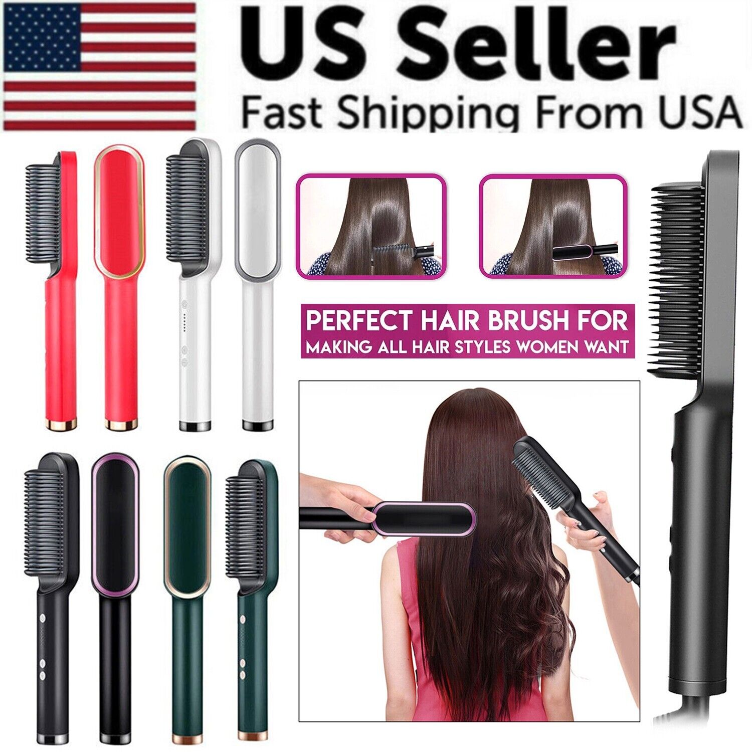 Puce Gaia electric hair straightener brush with heated comb for smoothing and styling hair, tech accessory for easy hair styling.