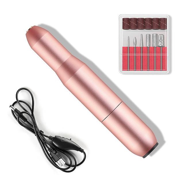 Pink Iolaus USB nail drill set with portable electric nail file, includes multiple drill bits for professional manicures and pedicures.