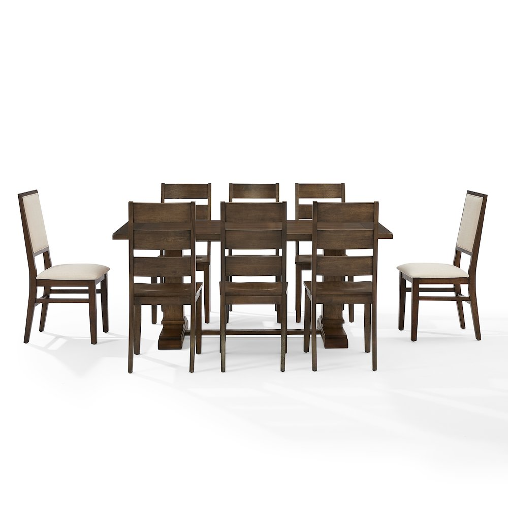 Start2Finish 9-piece dining table set with 8 chairs, including 6 ladder-back chairs and 2 backless chairs, in a modern dining room setting.