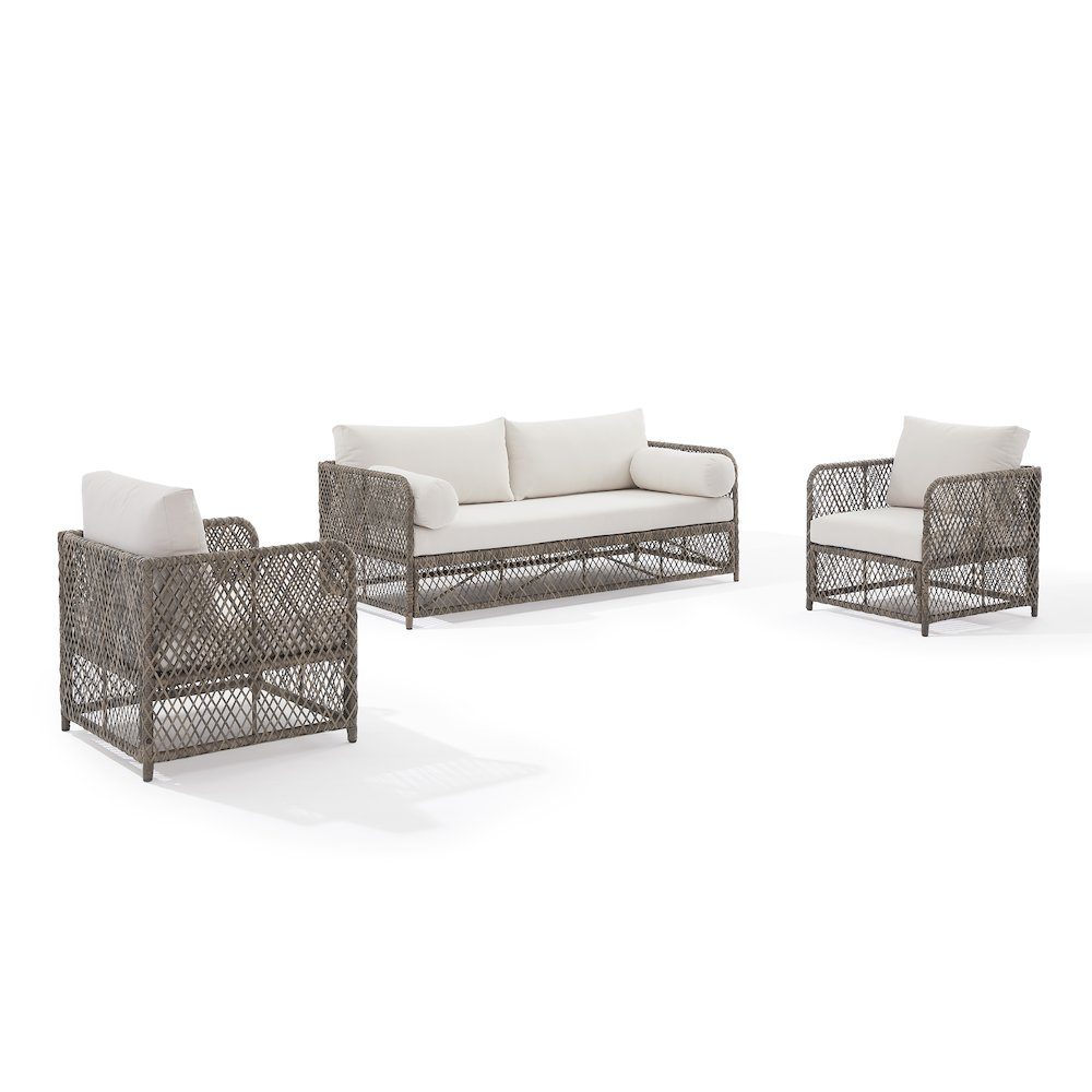 Granite Bay 3-piece wicker outdoor sofa and chairs patio furniture set by Start2Finish, with cushions on a patio.