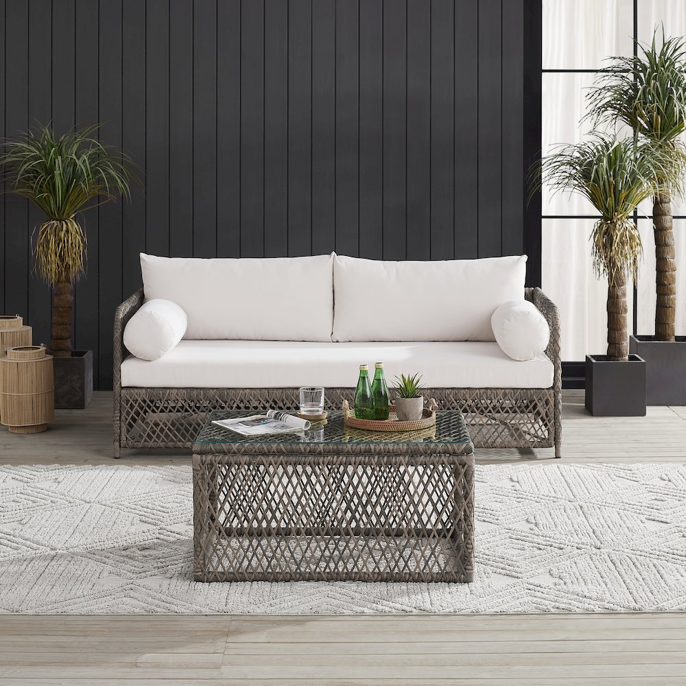 Start2Finish Granite Bay 2-piece wicker outdoor sofa and coffee table patio furniture set, featuring plush cushions and stylish design.