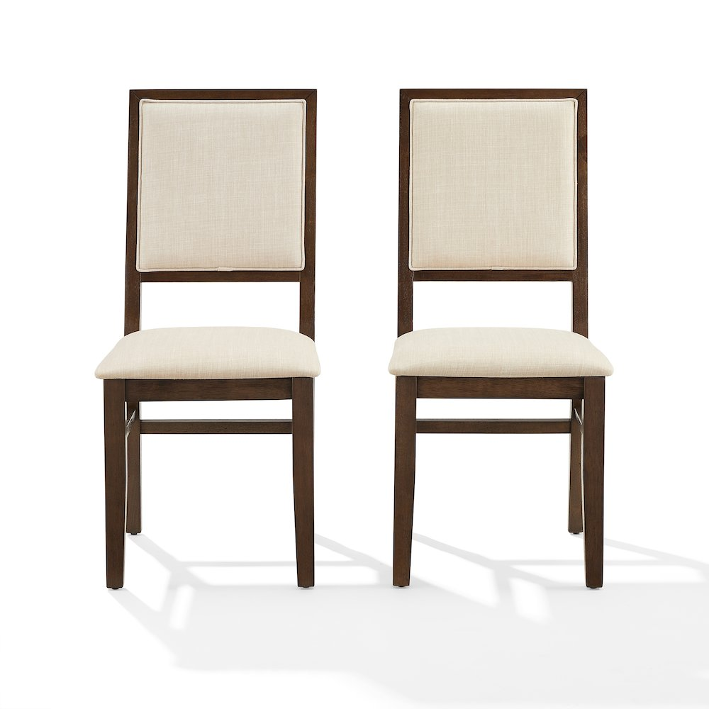 Two upholstered Joanna dining chairs from Start2Finish with padded backs and seats, featuring a contemporary design.