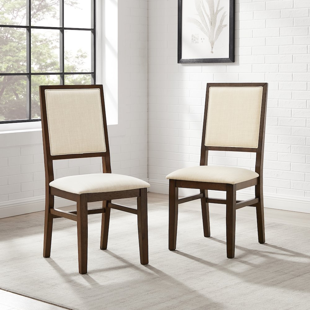 Two upholstered Joanna dining chairs from Start2Finish with padded seats and high backs, set against a neutral background.