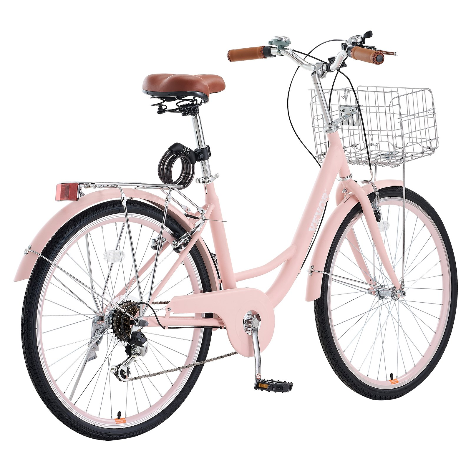 Pink 26-inch cruiser bike with 7-speed gears, large basket, rear rack, adjustable seat, suitable for cycling, shopping, and exercise.