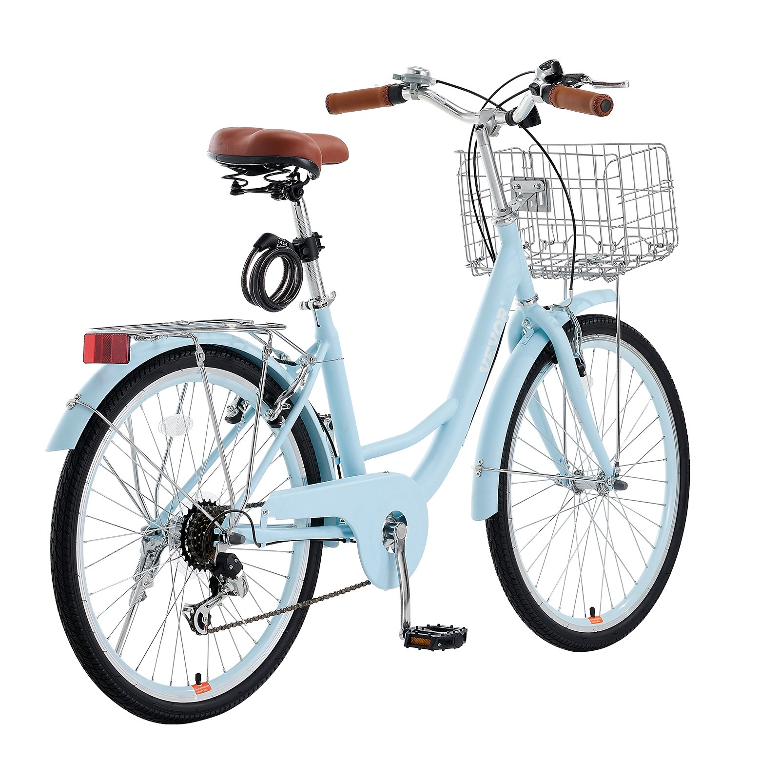 Light blue VEVOR cruiser bike with 7-speed gears, large basket, rear rack, adjustable seat, suitable for cycling, shopping, and exercise.