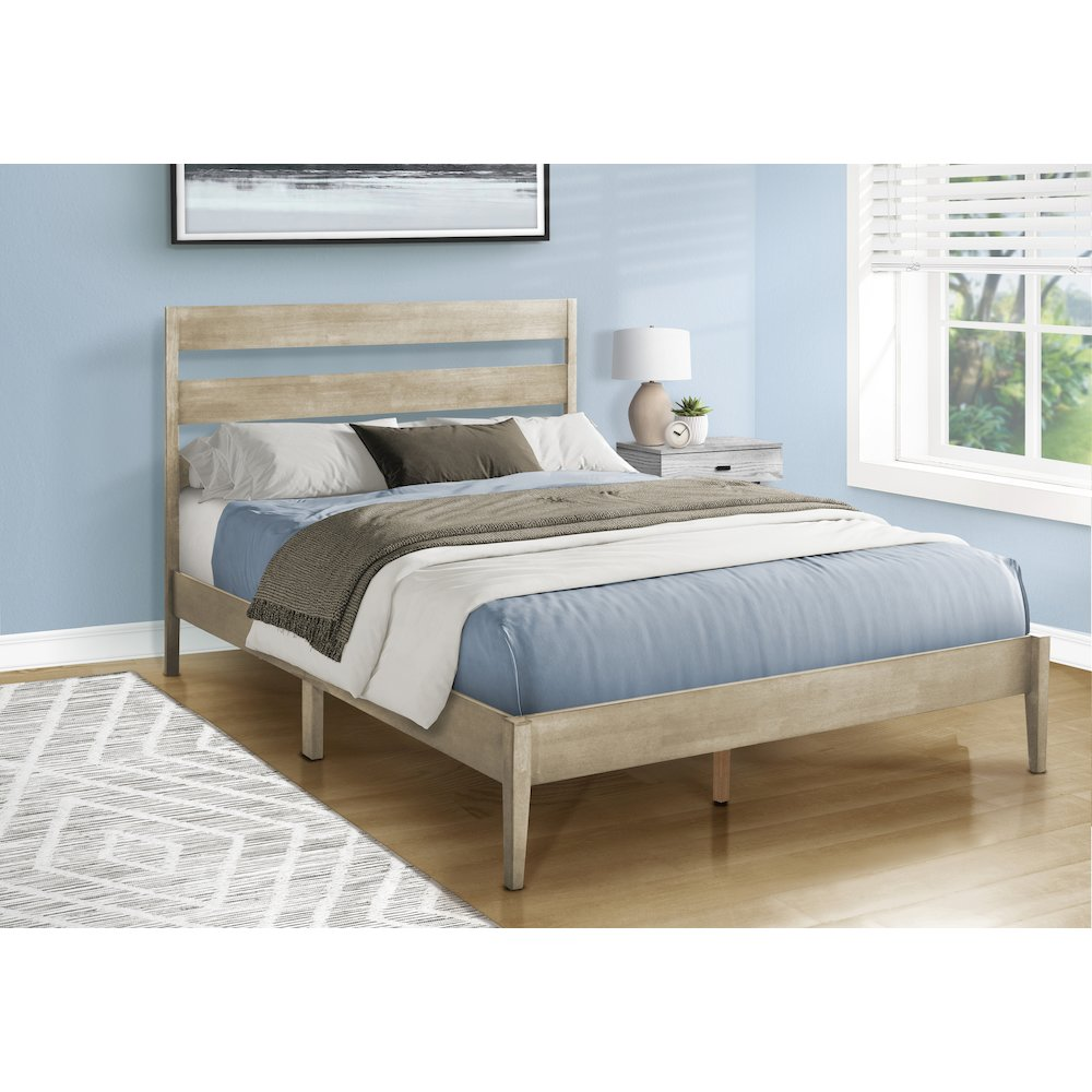 Queen size grey wooden bed with solid wood legs, contemporary style, featuring a sleek and modern design.