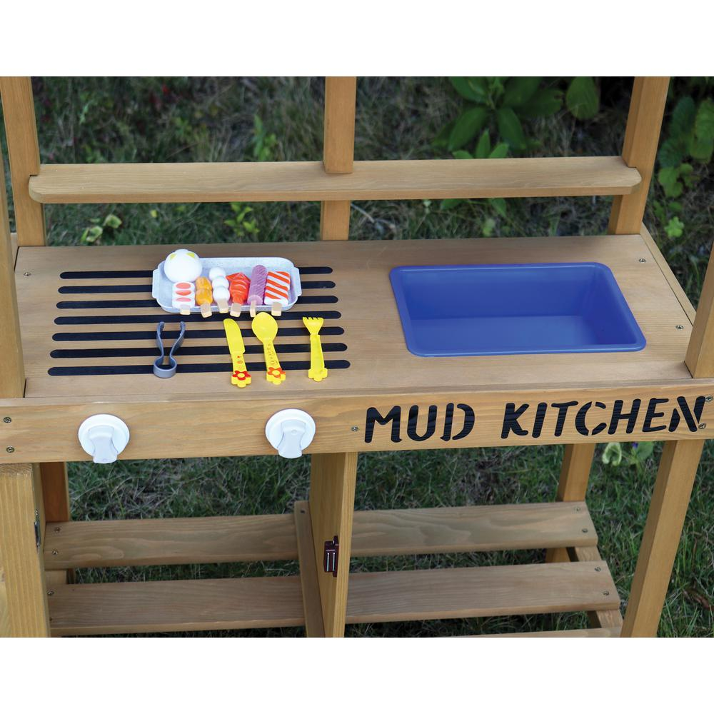 Kid’s mud kitchen by Start2Finish with colorful wooden shelves, pretend cooking pots, and outdoor play area for children.
