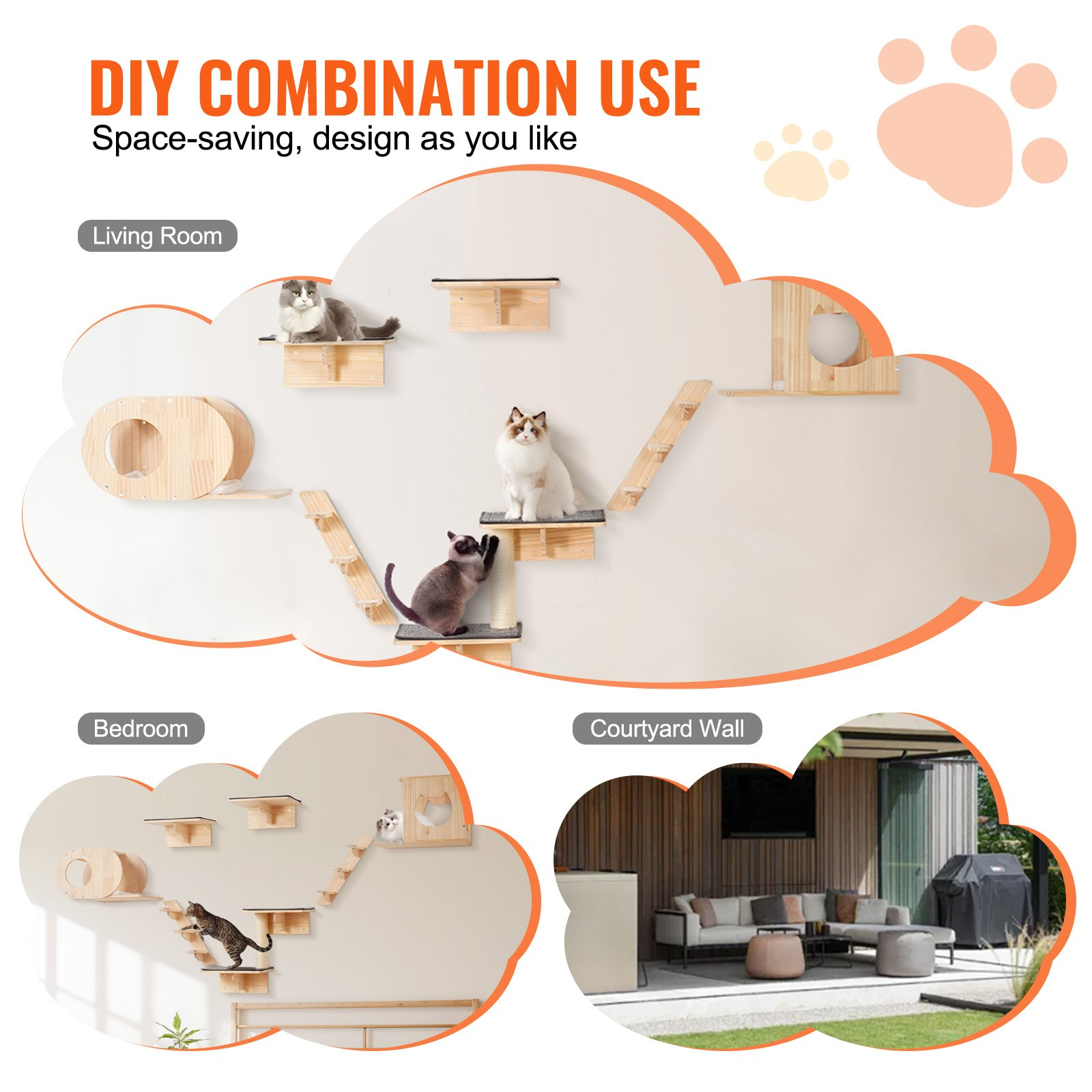 Start2Finish VEVOR wall mounted cat shelves set with perches, jumping boards, beds, hammocks, and climbing furniture for cats.