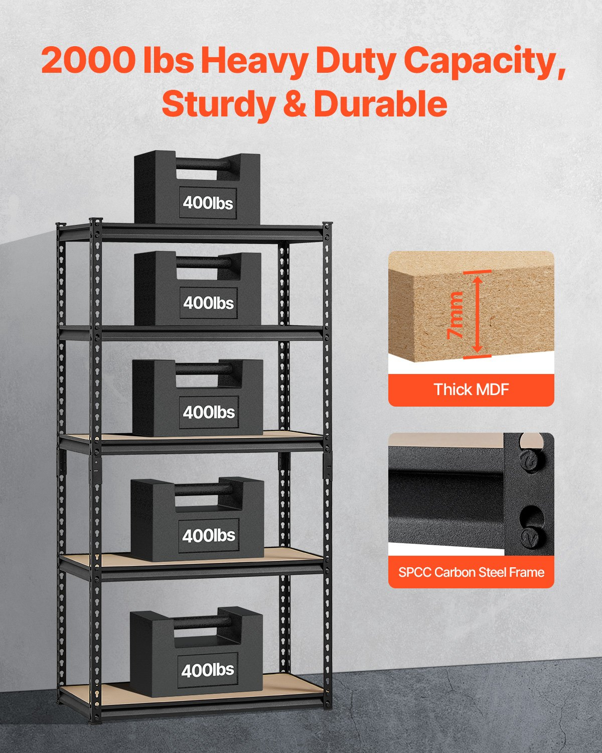 Start2Finish VEVOR 5-tier garage storage shelves, black metal utility rack with adjustable shelves, ideal for garage, basement, or kitchen.