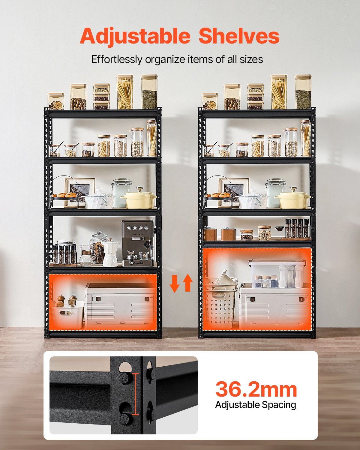 Start2Finish VEVOR 5-tier metal garage storage shelves, black, 16" D x 32" W x 62.8" H, adjustable utility rack for garage or warehouse.