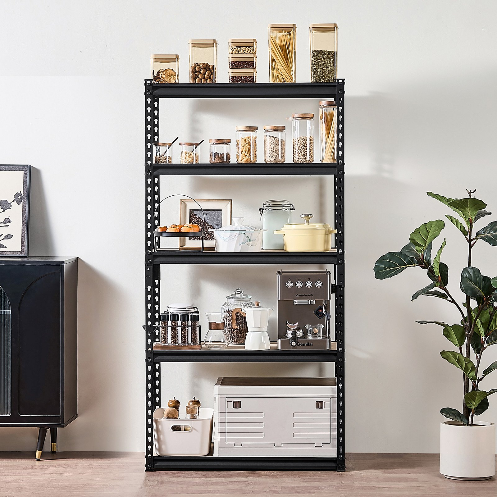 Start2Finish VEVOR 5-tier metal garage storage shelves, black, 16" D x 32" W x 62.8" H, adjustable utility rack for garage or basement.