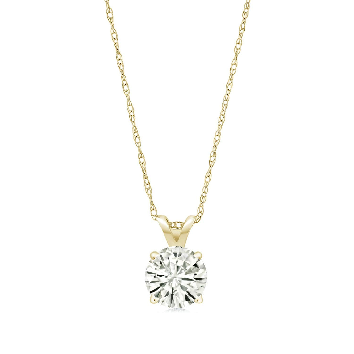 Start2Finish 2.00 CTW moissanite solitaire pendant necklace with 18-inch chain in 14k white or yellow gold, close-up of pendant and chain.