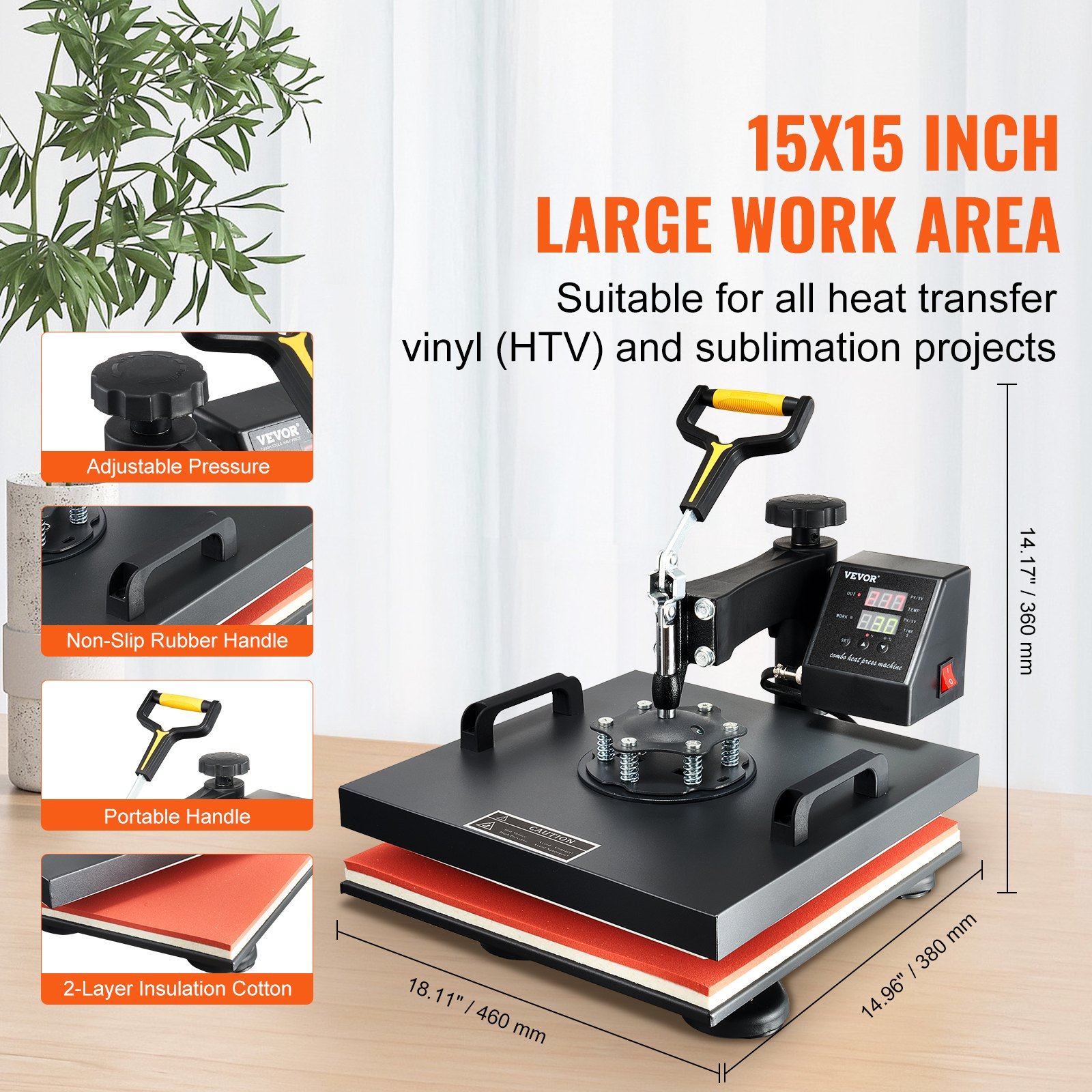 Start2Finish VEVOR 8-in-1 15x15 inch heat press machine with swing-away design for sublimation, vinyl, and heat transfer projects.