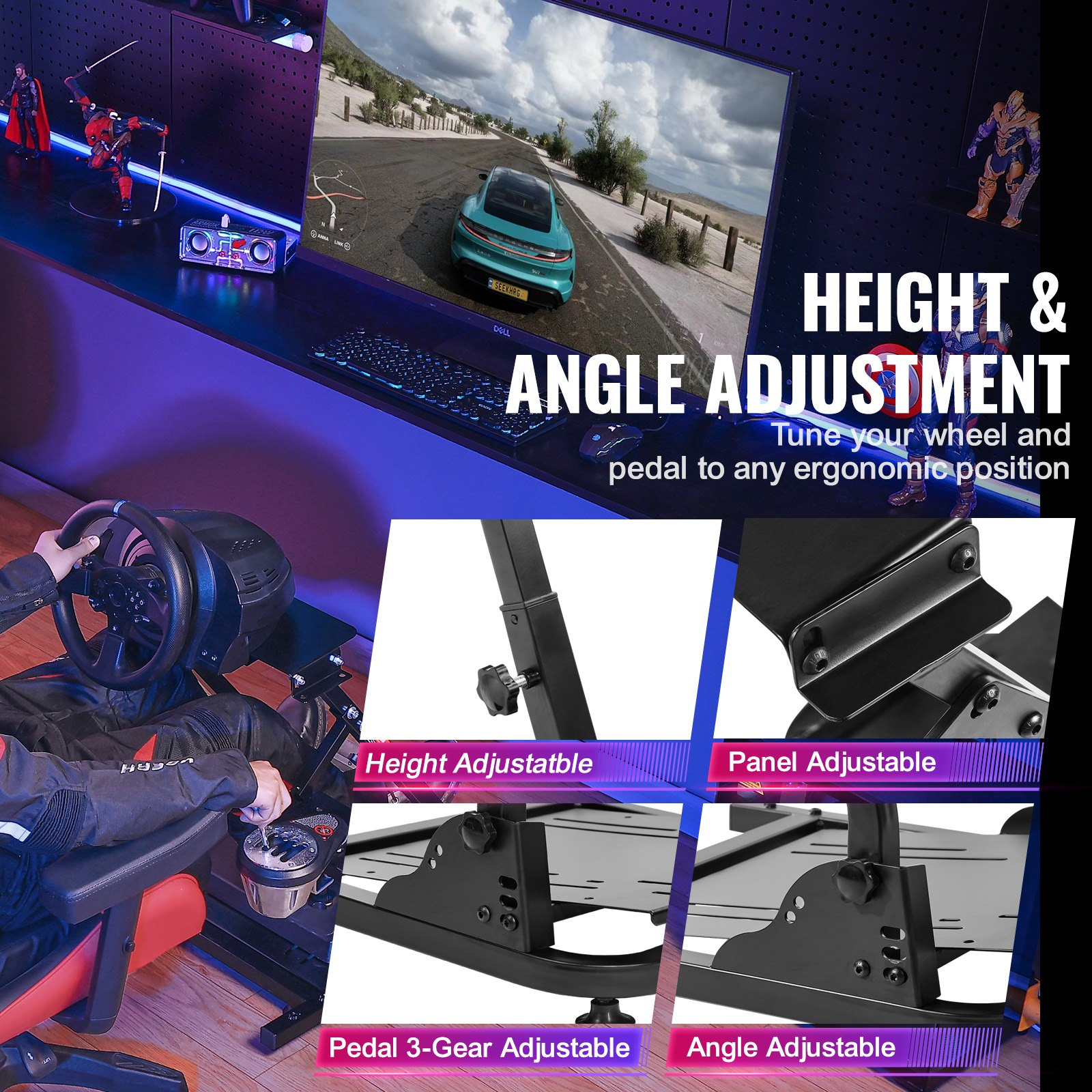 Start2Finish VEVOR G920 racing steering wheel stand with shifter mount for Logitech G27, G25, G29 gaming wheel and pedal setup.