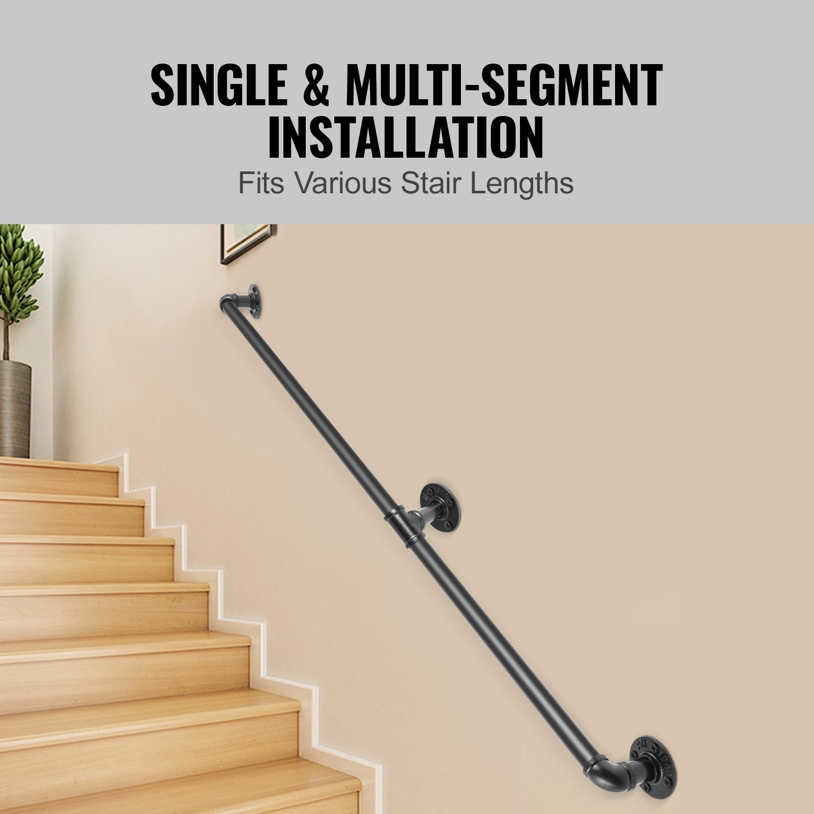 Start2Finish VEVOR 6ft industrial pipe staircase handrail with wall mounts, durable carbon steel, round corner design for indoor outdoor use